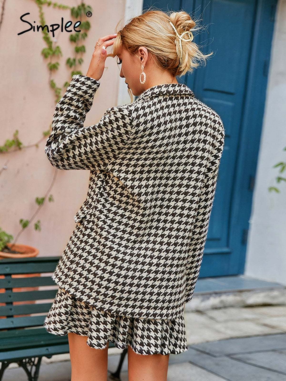 Simplee Office plaid shawl collar women blazer autumn Elegant houndstooth high waist pleated skirt Long sleeve pocket blazer