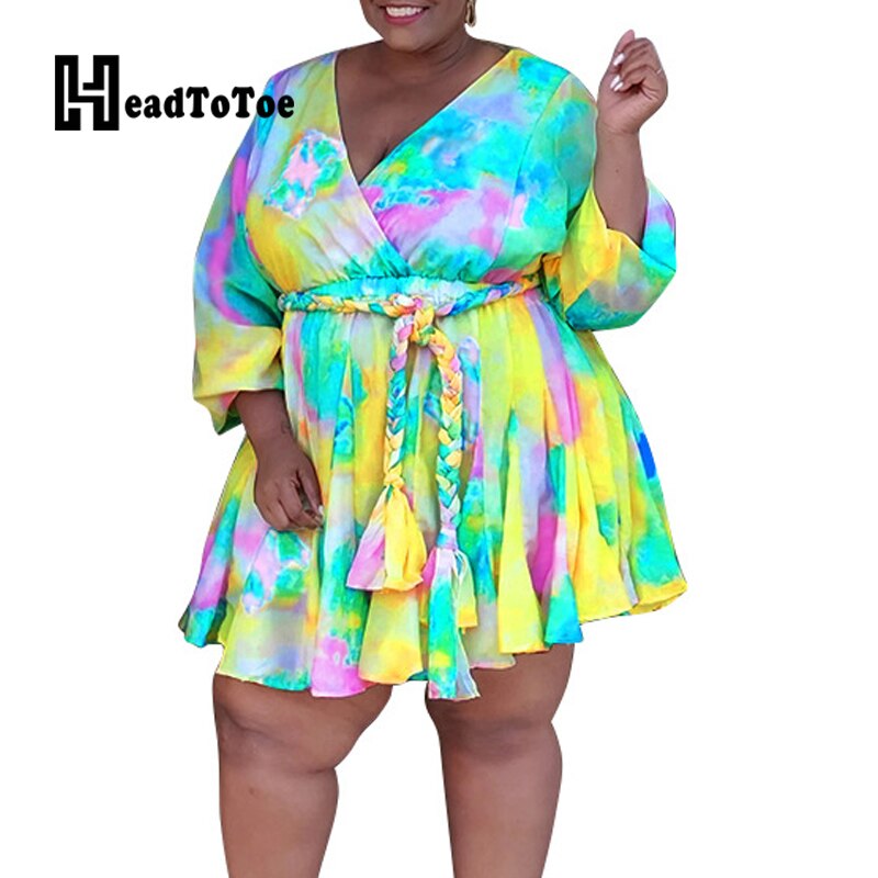 Tie Dye Print Colorblock Belted Casual Fit Flare Dress