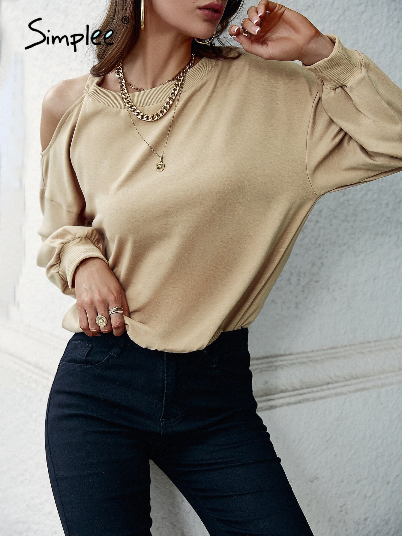 Simplee Office cold shoulder one piece hoodie sweatshirt women Casual o-neck soft short hoodies autumn Loose cut out ladies tops