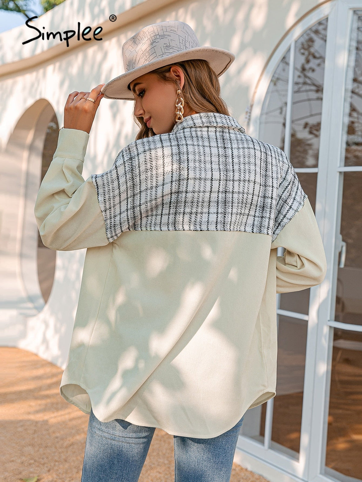 Simplee Office lady long sleeves plaid buttons pocket shirt coat women Patchwork loose causal coats Autumn female lapel outwear