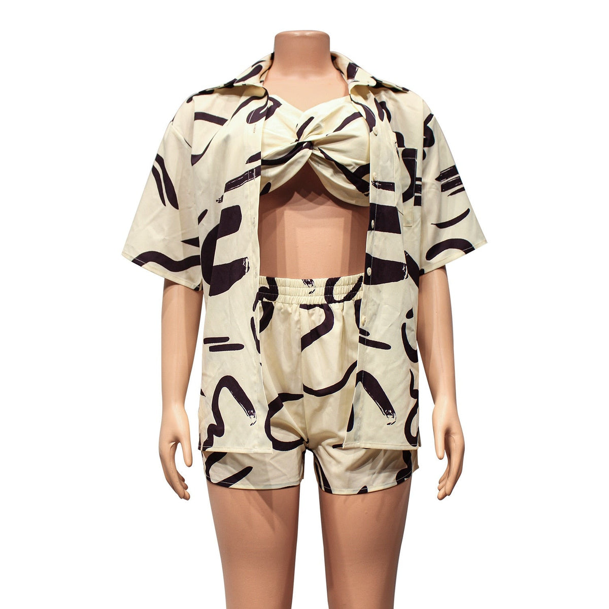 Echoine Casual Print Short Sleeve Shirt Crop Top and Shorts Set