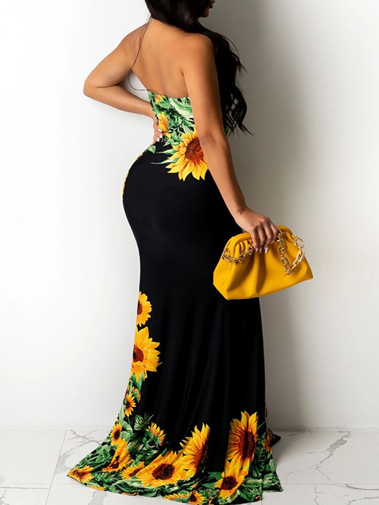 Sunflower Print Sexy Strapless Bandage Slit Maxi Dress