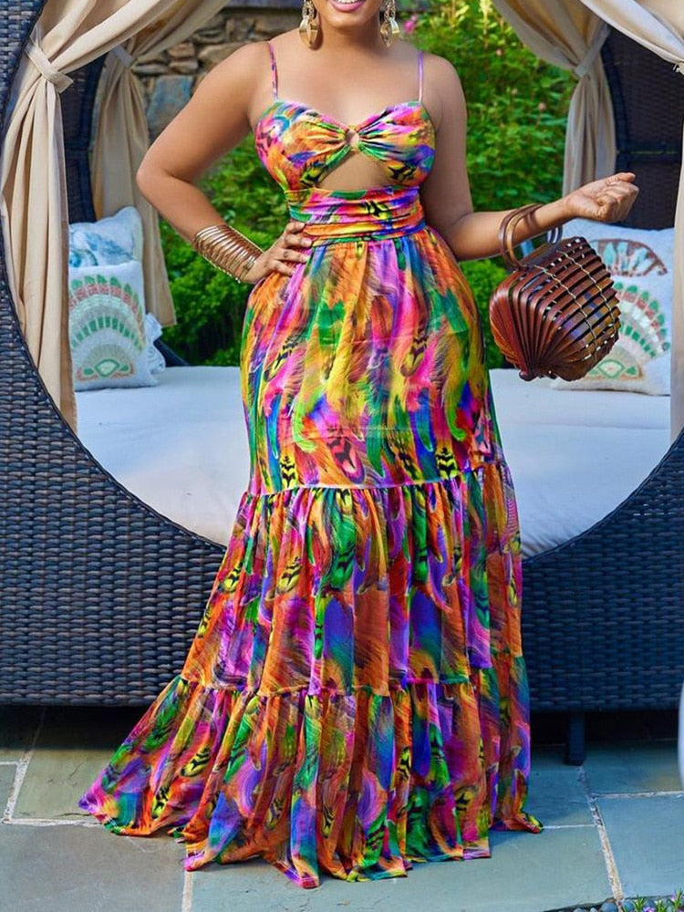 Abstract Print O-Ring Cutout Spaghetti Strap Cami Maxi Summer Dress Women