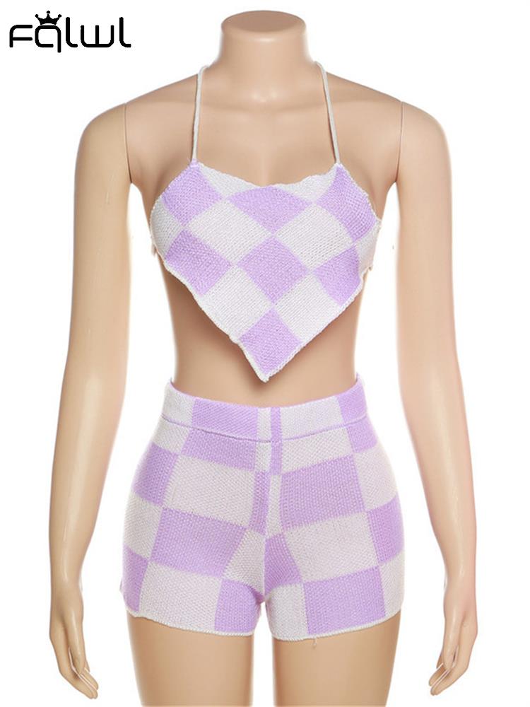 Summer Knitted Plaid Bodycon Two Piece Sets For Women