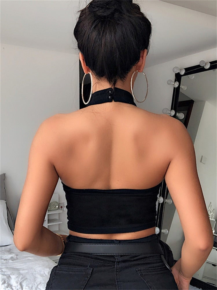 E-girl Punk Style Choker Halter Top Black Women Sexy Y2K Fashion Slim Cami Backless Buckle Top 90s Summer Tank Tops