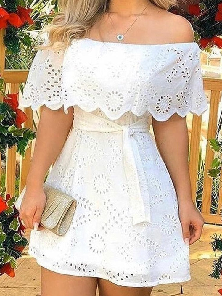 Off Shoulder Broderie Lace Mini Dress