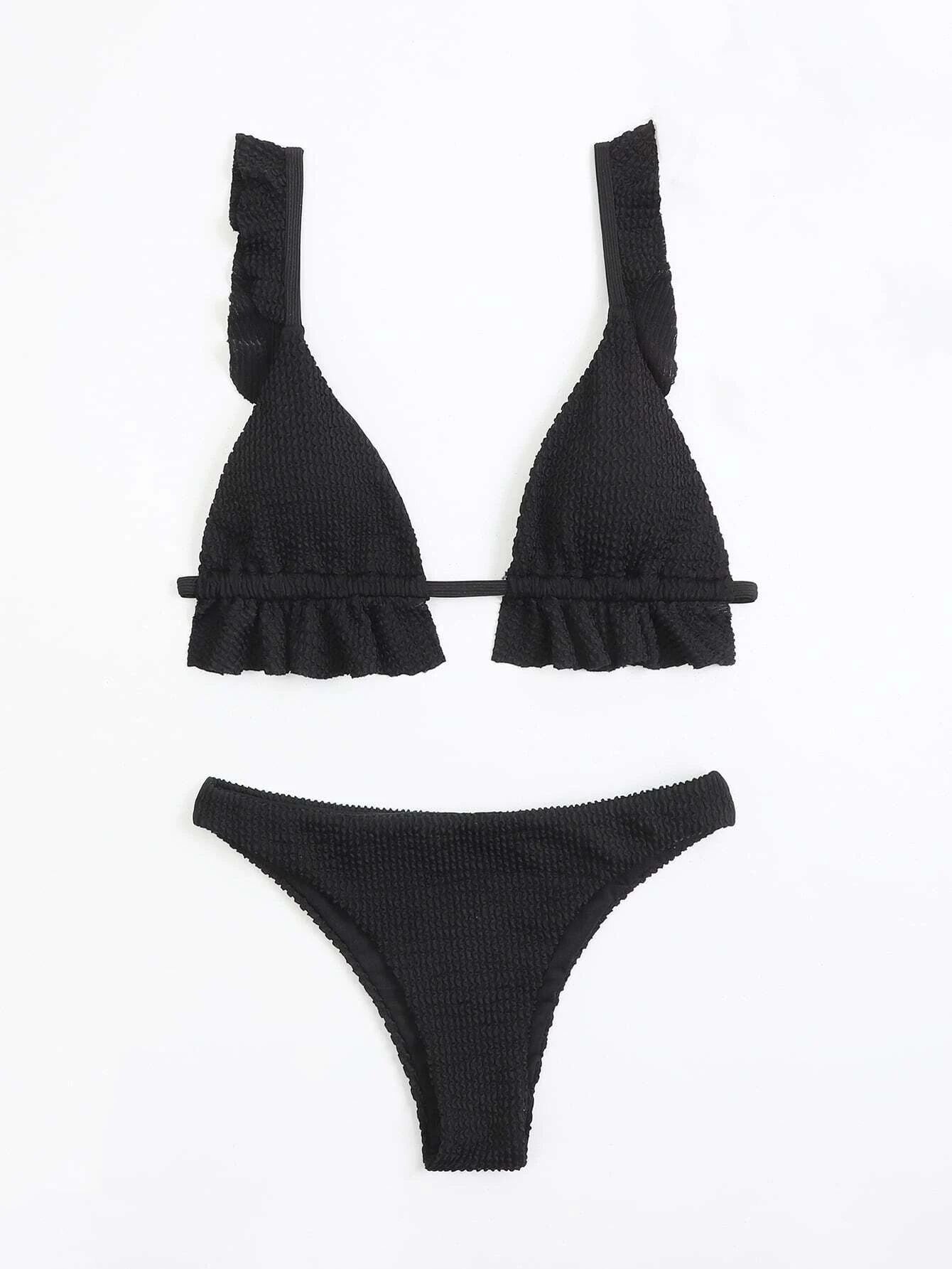 Ruffle Hem Triangle Bikini Swimsuit Women Two Piece Swimwear Textured Bikini Set Summer Beach Bathing Suit
