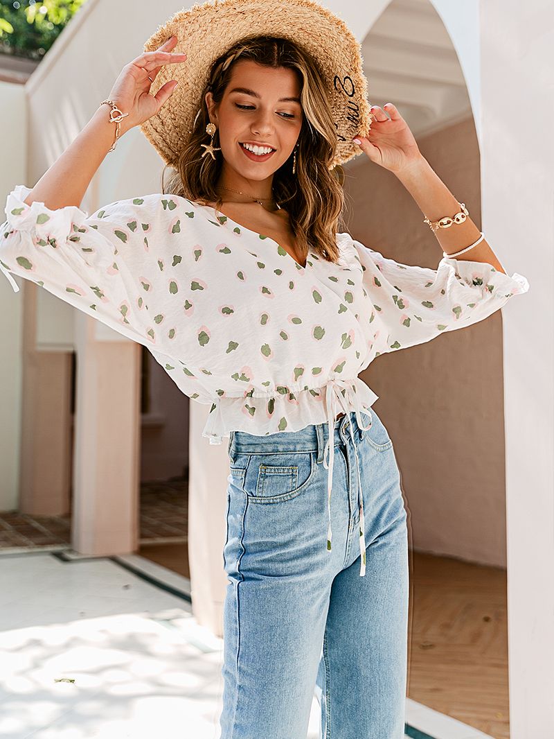 Simplee Elegant office lady printed blouse spring V-neck drawstring bow half puff sleeve