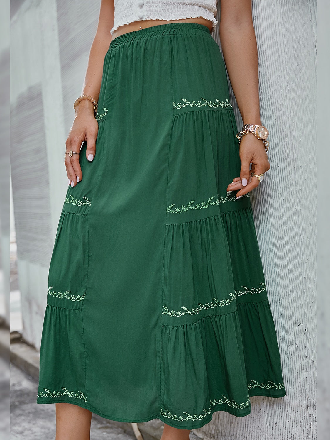 Simplee Bohemian pleated women's long skirt green A-line leave pattern summer skirt boho Loose elastic waist soft ladies bottom