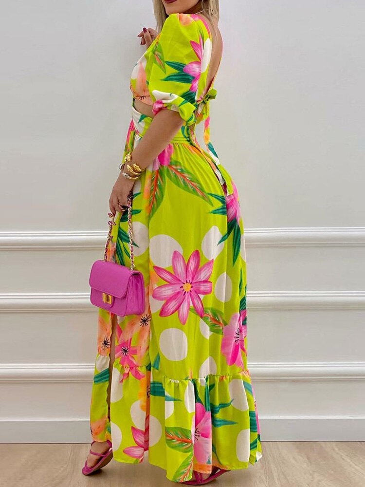 Colorblock Print O-Ring Twist Cutout Split Thigh Maxi Dress