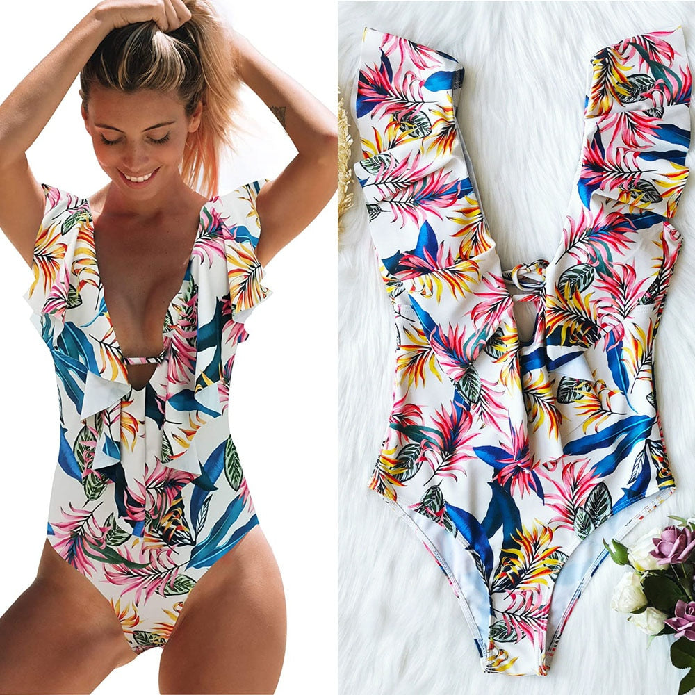 Women's One Piece Swimsuits One Shoulder Swimwear Asymmetric Ruffle Monokinis Bathing Suits