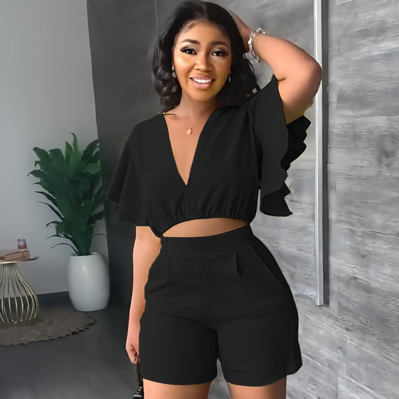 Sexy V Neck Ruffles Sleeve Crop Top & Pockets Shorts Suit