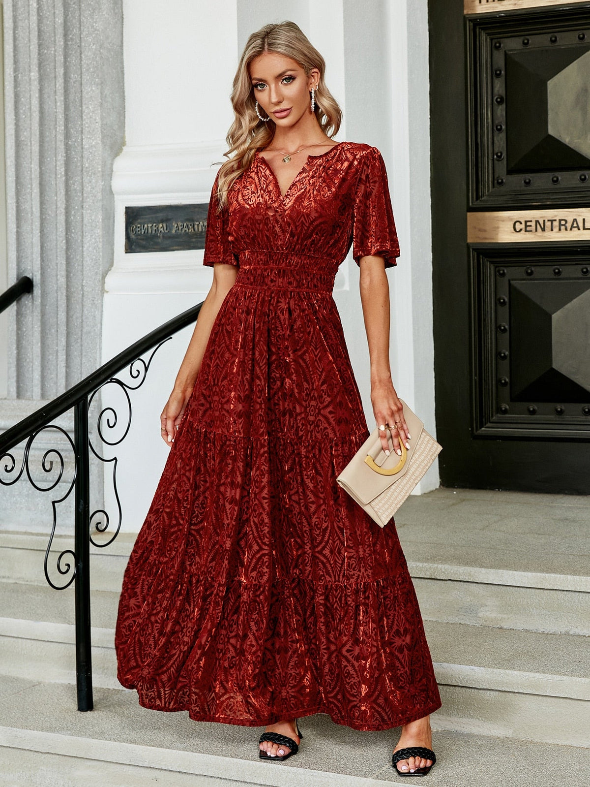 Simplee V-neck flare sleeve print velvet dress Party elegant womem dresses