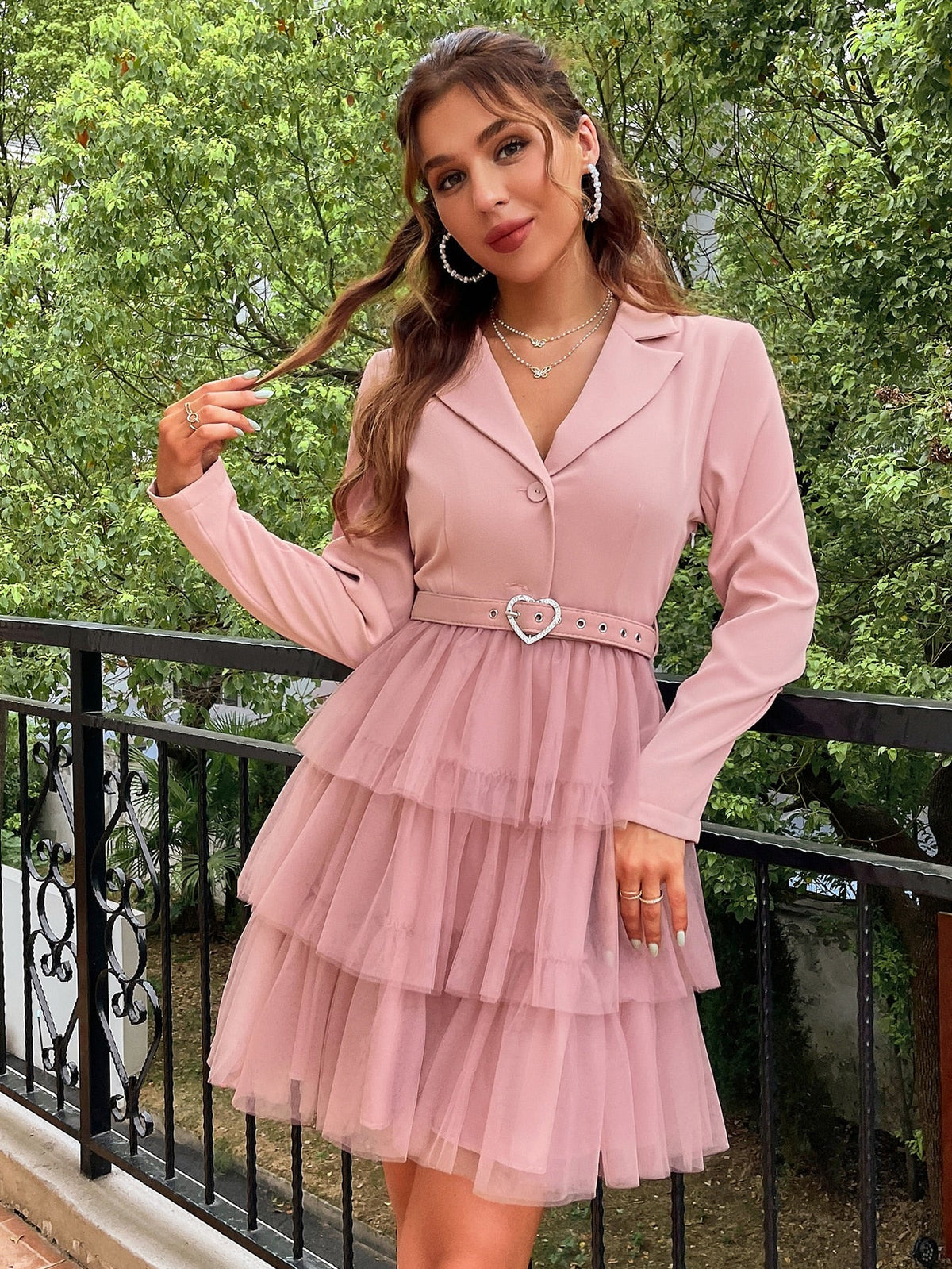 Simplee Elegant tulle belt party dresses women Notched tulle patchwork blazer dress Shoulder pads long sleeve mini evening robe
