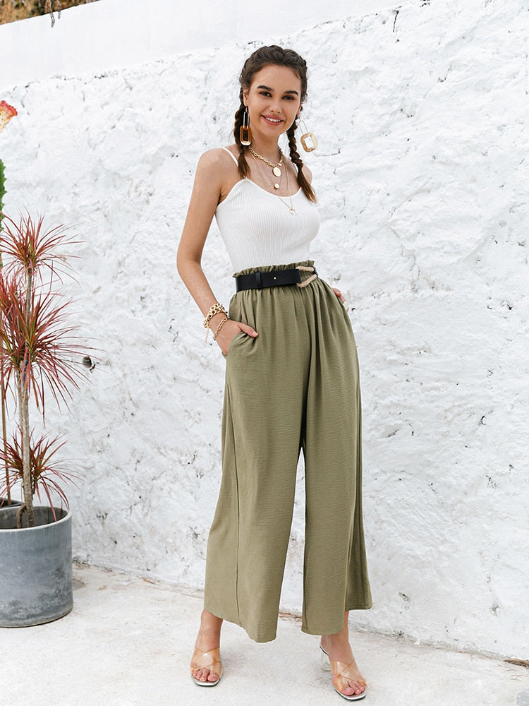 Simplee Solid color high waist wide leg pants