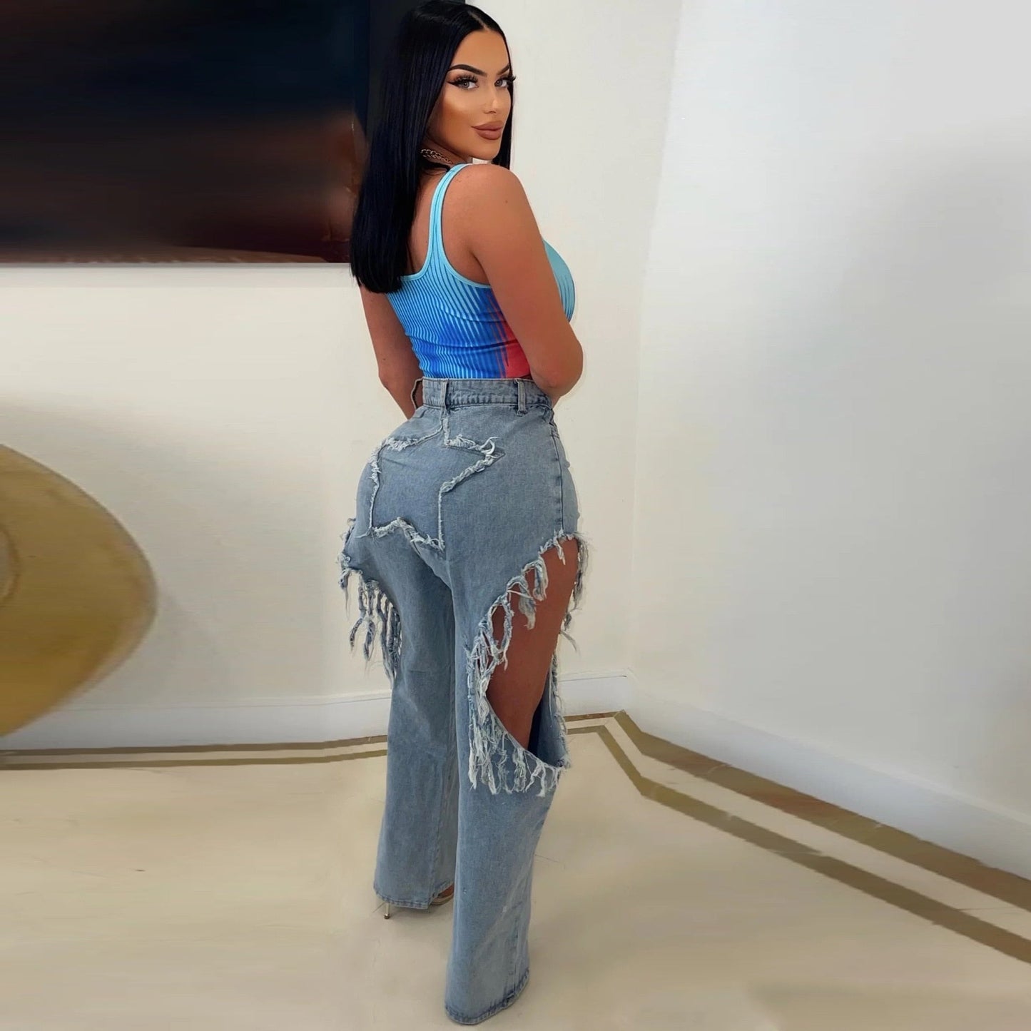 Ripped Women High Waist Tassel Jeans Hole Heart Irregular Denim Trousers Summer Streetwear Casual Wild Straight Pants 2023