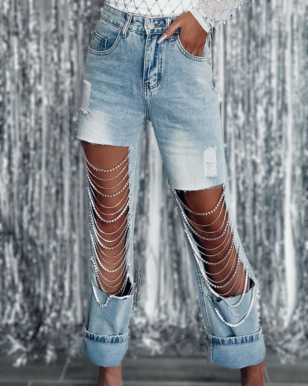 Straight Jeans Women 2023 Spring Summer Holes Diamond Rhinstones Solid Fashion High Street High Waist Cotton Denim Pants