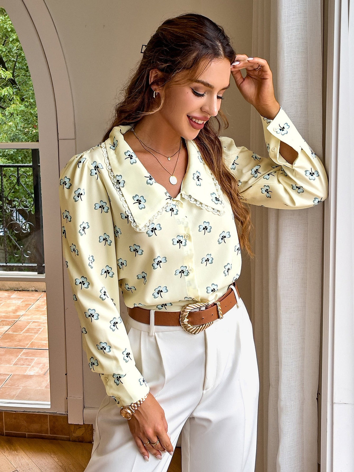 Simplee Vintage puff sleeves floral print blouse women Casual peter pan collar long sleeve office shirt