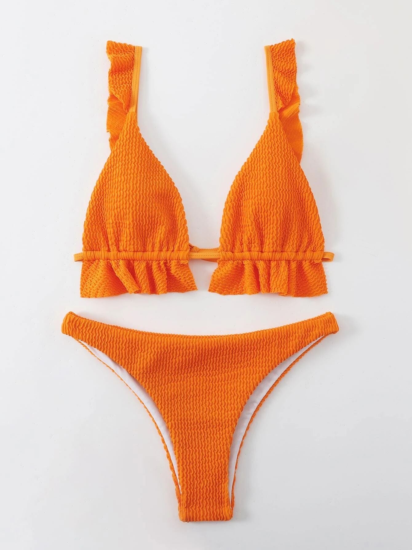Ruffle Hem Triangle Bikini Swimsuit Women Two Piece Swimwear Textured Bikini Set Summer Beach Bathing Suit