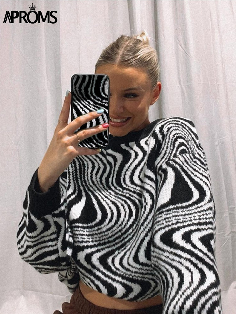 Aproms Elegant Black White Striped Sweaters