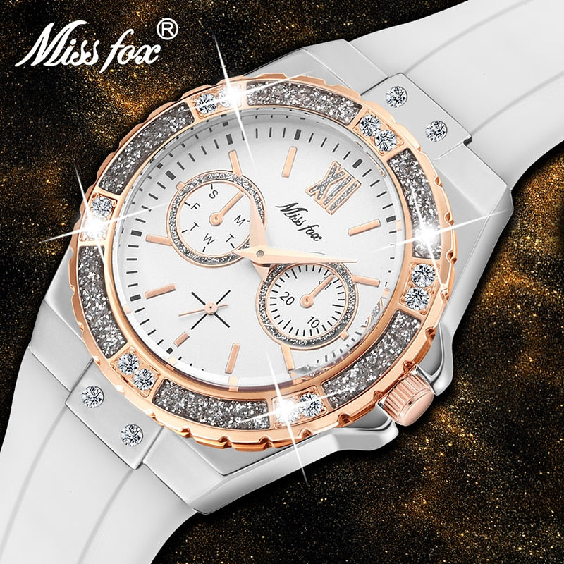 MISSFOX Watches Women Geneva Fashion Ladies Watch Luxury Diamond White Rubber Band Female Quartz Wristwatch Xfcs 2020 The New