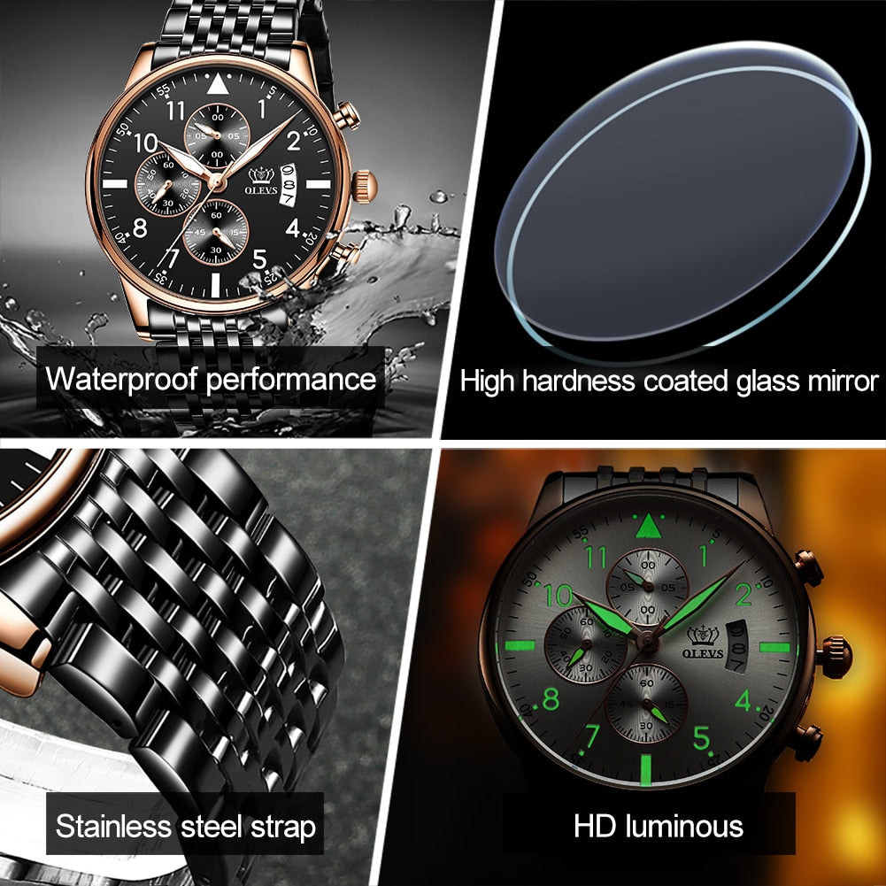 OLEVS 2020 New Fashion Mens Watches Top Brand with Stainless Steel Luxury Sports Chronograph High Quality Quartz Watch Men