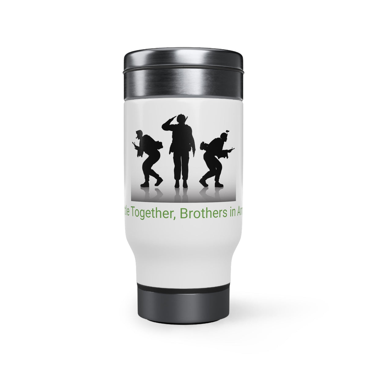 Custom KB Attire "Battle Together, Brothers in Arms" Stainless Steel Travel Mug with Handle, 14oz