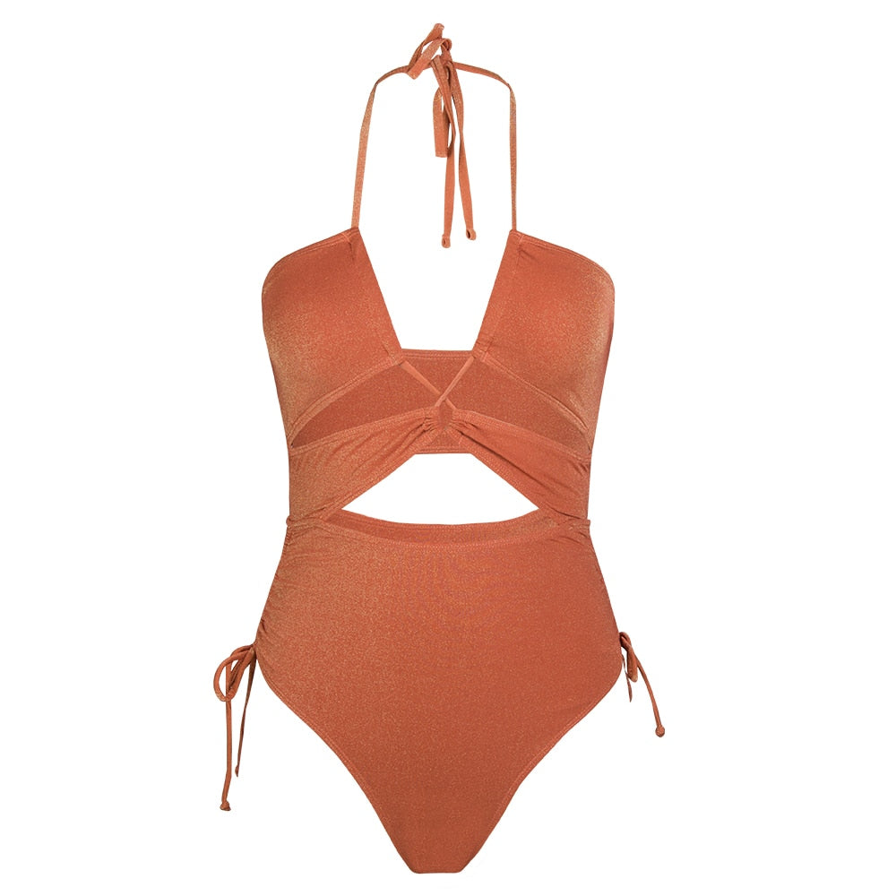 SEASELFIE Black Cut Out Halter One-piece Swimsuit For Women Sexy Drawstring Monokini Swimwear Beach Bathing Suit Beachwear