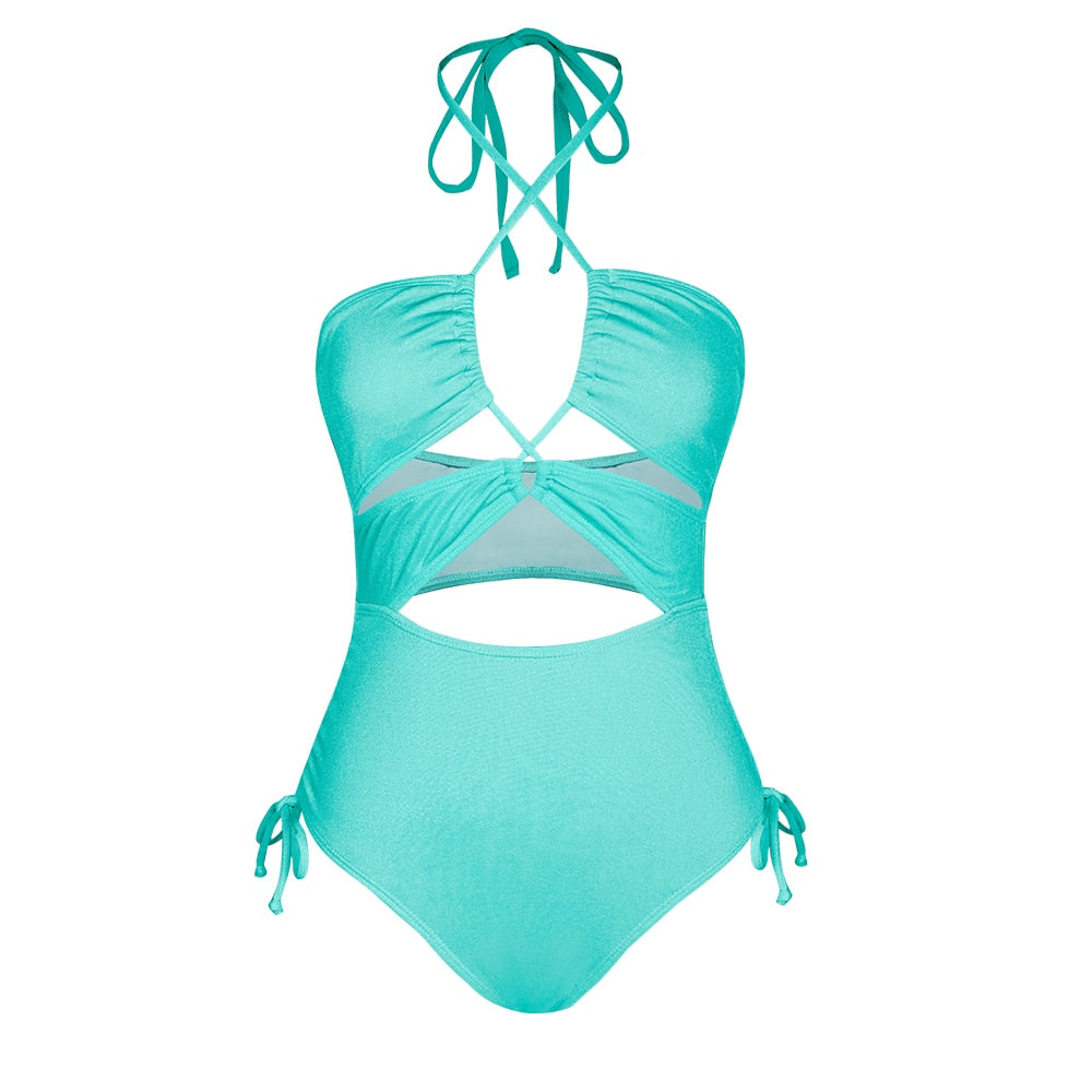 SEASELFIE Black Cut Out Halter One-piece Swimsuit For Women Sexy Drawstring Monokini Swimwear Beach Bathing Suit Beachwear