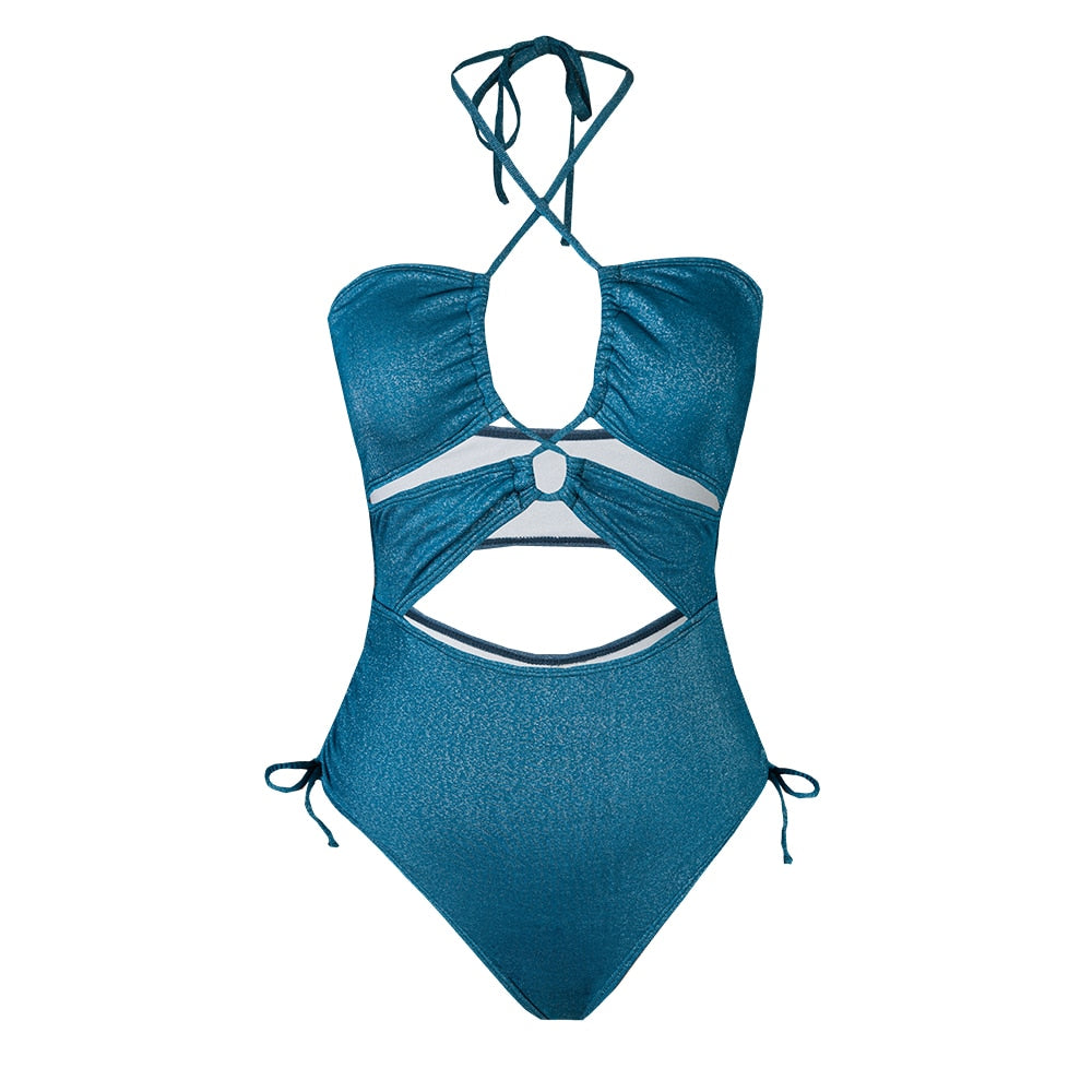 SEASELFIE Black Cut Out Halter One-piece Swimsuit For Women Sexy Drawstring Monokini Swimwear Beach Bathing Suit Beachwear