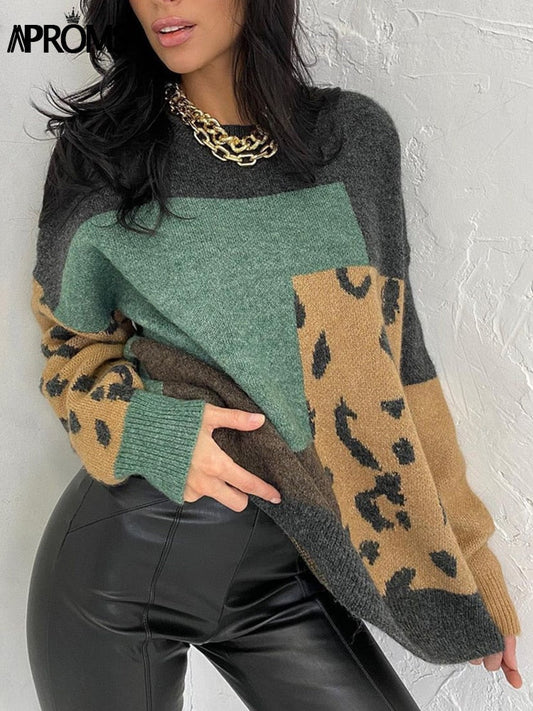 Aproms Elegant Leopard Print Oversized Pullovers