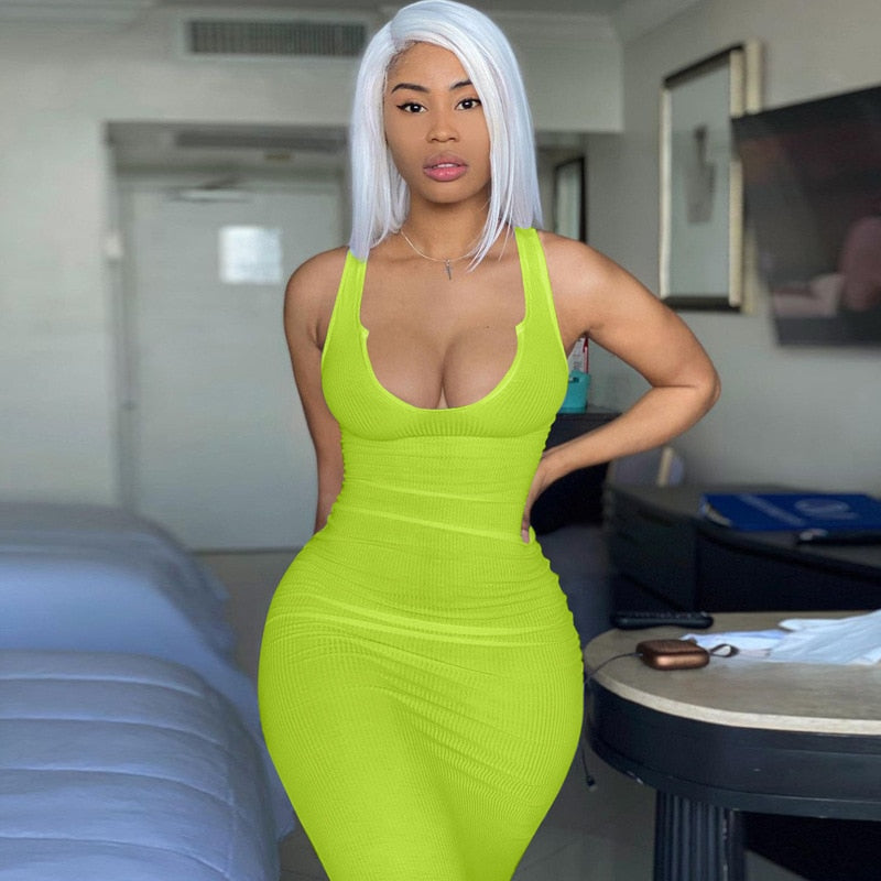 Women Close-fitting Sexy Ribbed Summer Sundress Solid Color Sleeveless Bodycon