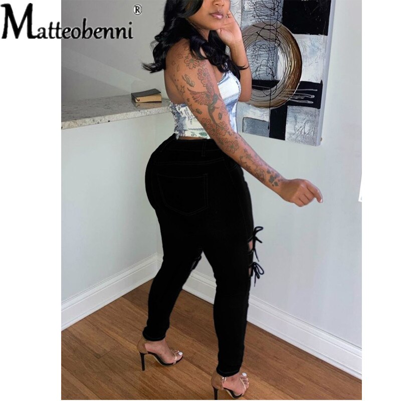 New Fashion Women Solid Lace-up Hollow Out Jeans 2021 Winter Lady's Streetwear High Waist Skinny Denim Pencil Pants