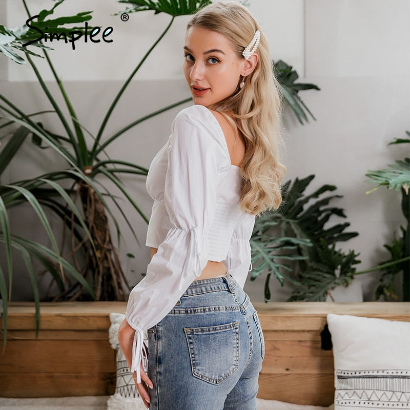 Simplee Vintage elegant white women blouses shirt Casual button blouse twist lace up Spring summer holiday blusas mujer shirts