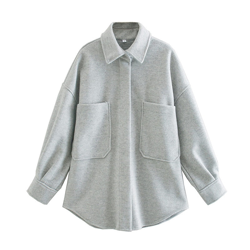 PUWD Casual Woman Camel Loose Pocket Woolen Shirt