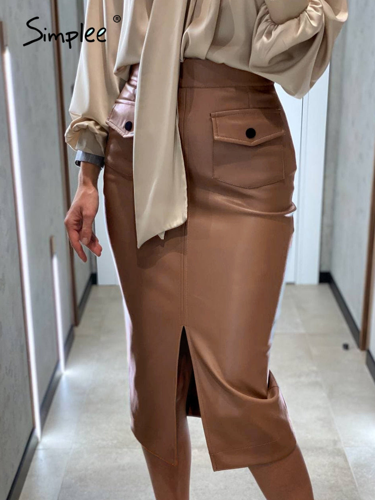 Simplee Elegant leather brown high waist pencil skirt