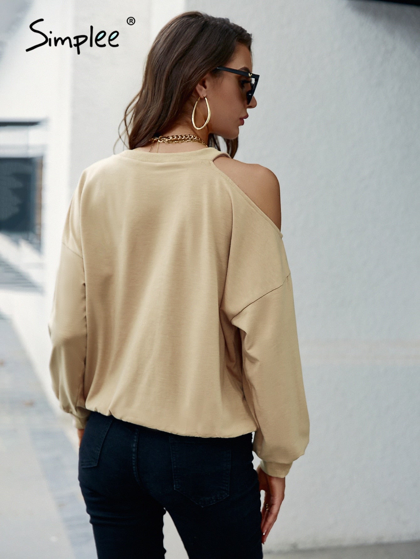 Simplee Office cold shoulder one piece hoodie sweatshirt women Casual o-neck soft short hoodies autumn Loose cut out ladies tops