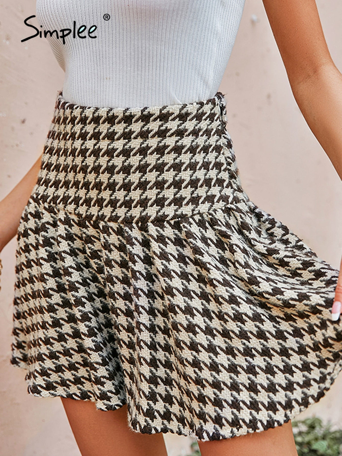 Simplee Office plaid shawl collar women blazer autumn Elegant houndstooth high waist pleated skirt Long sleeve pocket blazer