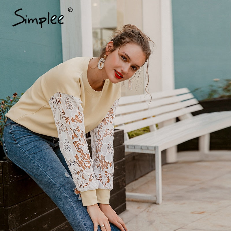 Simplee Casual round neck slim ladies blouse Solid knitted women work boluse Fashion flower pattern hollow long sleeve pullover