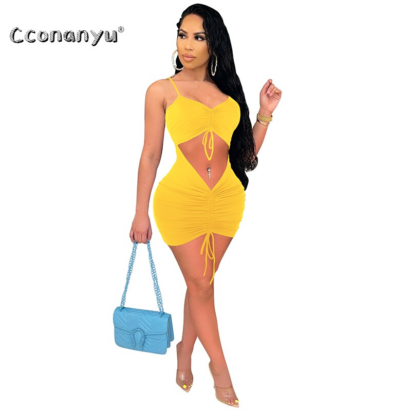 Women V Neck Drawstring Ruched Sleeveless Slip Dress Sexy Hollow Out Bodycon Bandage 2023 Summer Party Club Elegant Mini Dresses