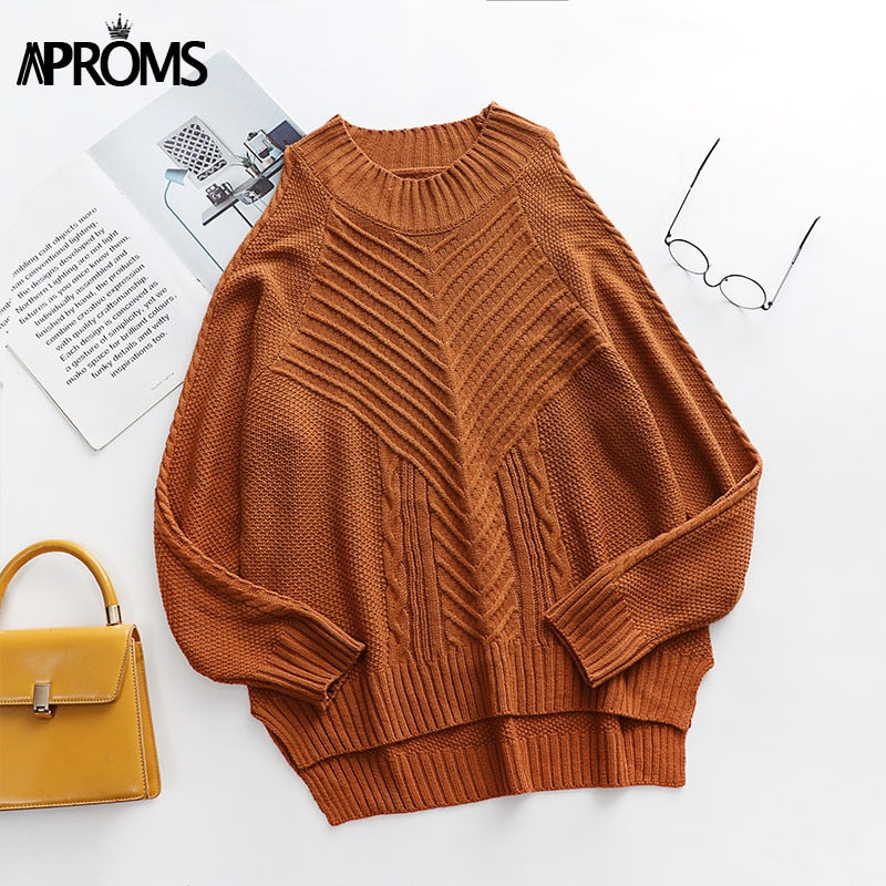 Aproms Elegant Cold Shoulder Knitted Loose Sweaters Women