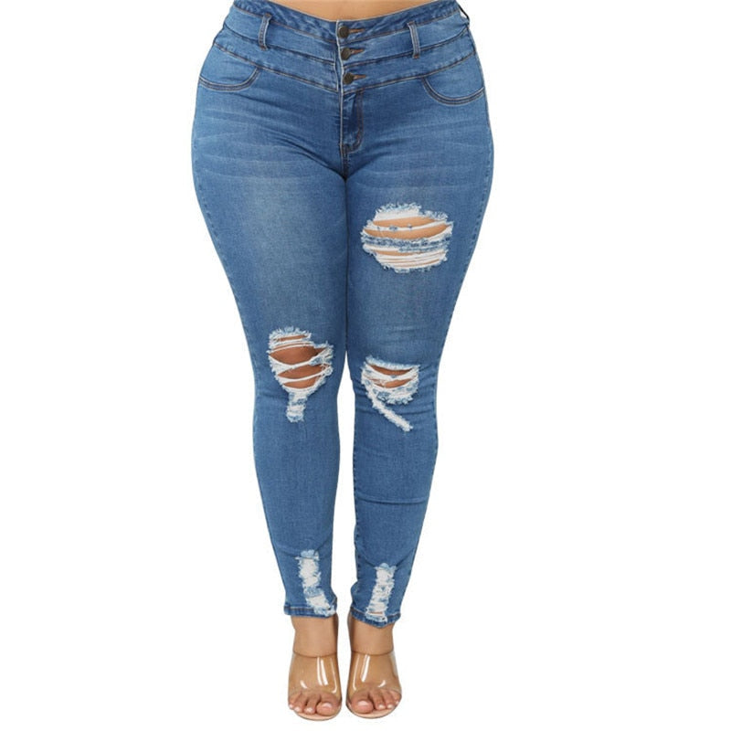 Women's Plus size jeans Black and blue high waist ripped jeans Fashion casual skinny denim pencil pants L-5XL drop shipping