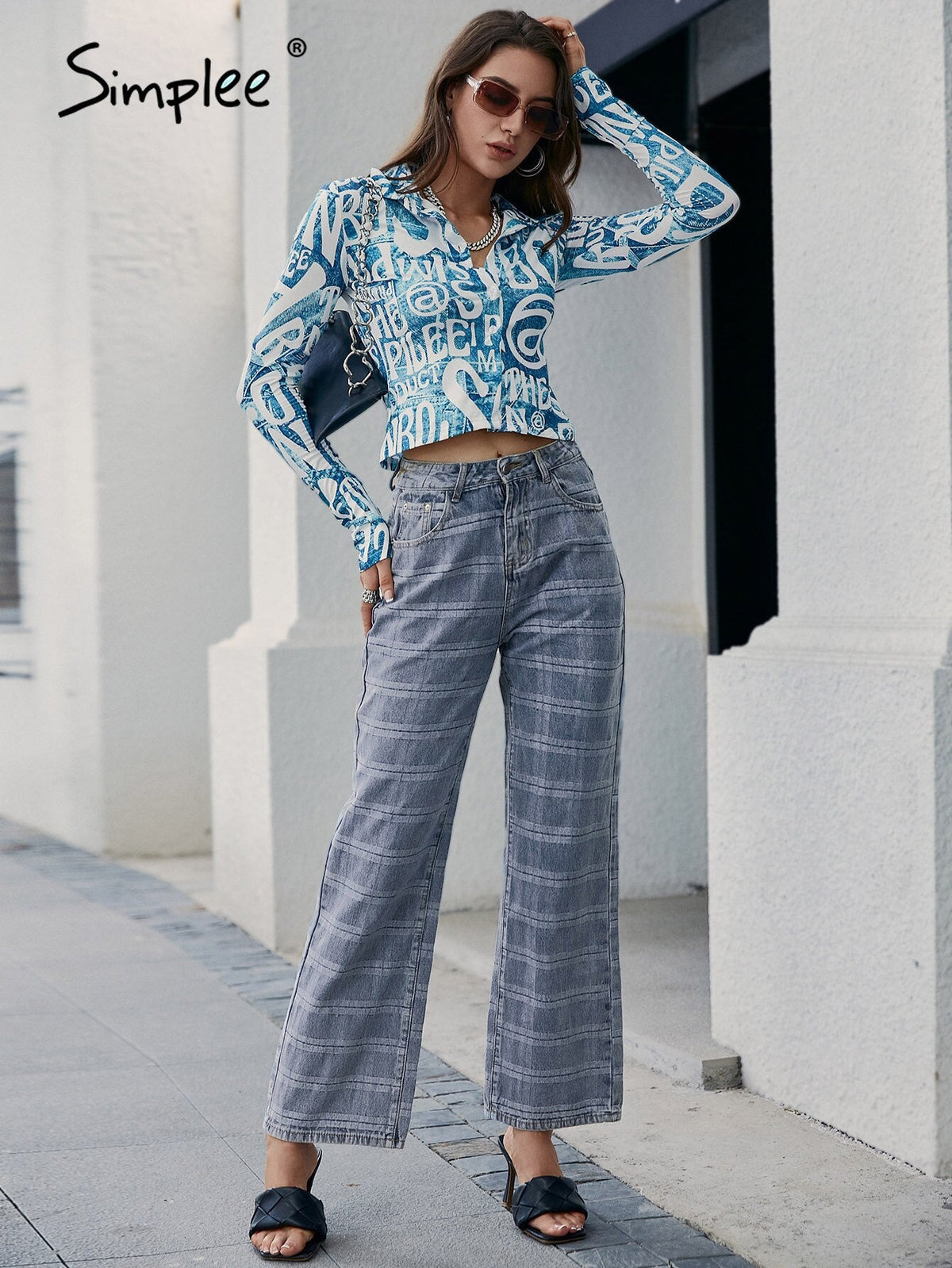 Simplee Cotton vintage plaid pocket women jeans