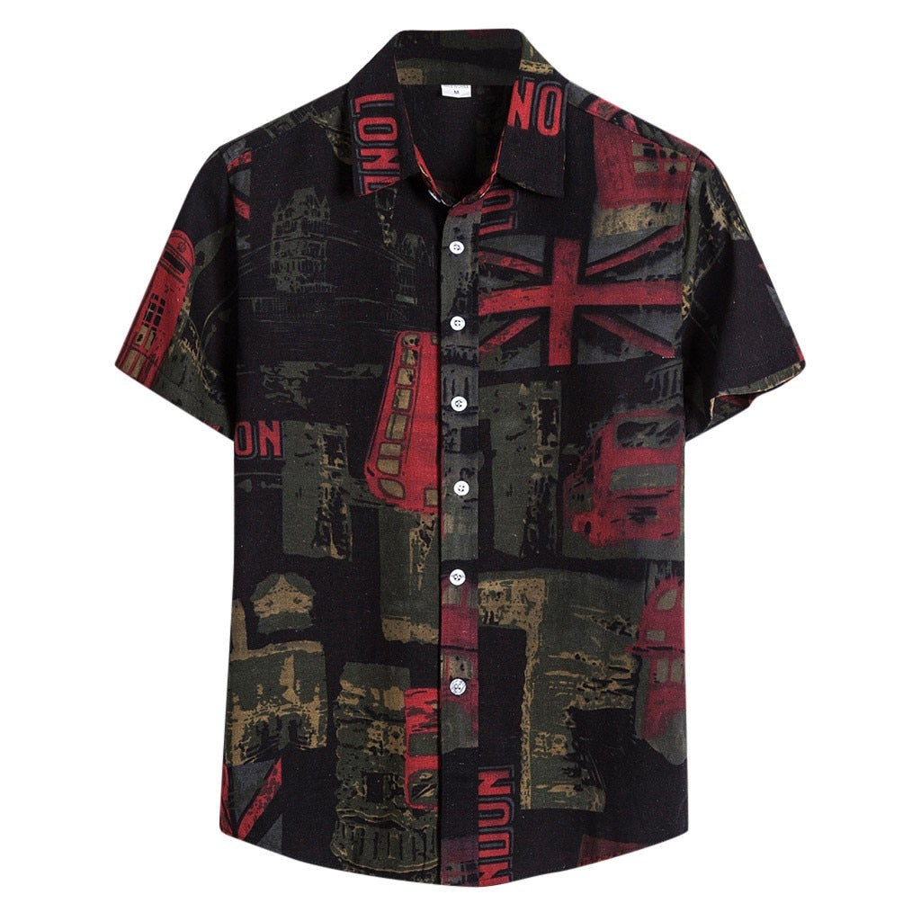 Sleeve Retro Print Hawaiian Shirt