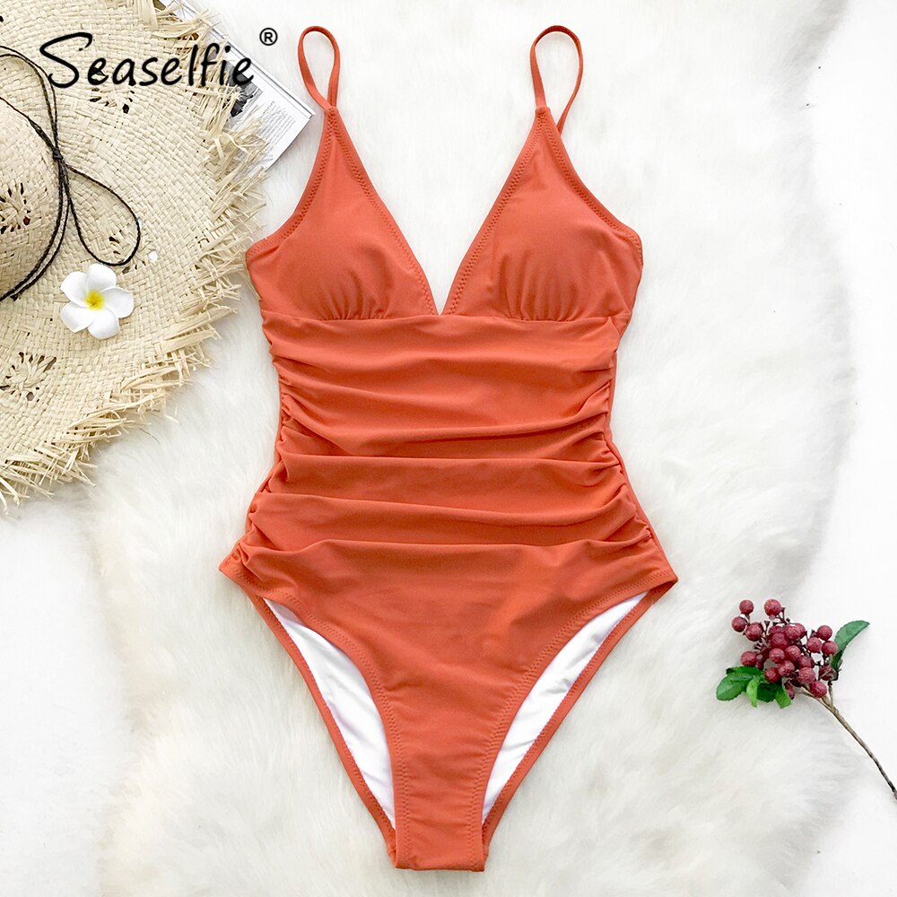 SEASELFIE Sexy Solid Orange Shirring V-neck One-Piece Swimsuit Women Monokini Beach Bathing Suit Swimwear