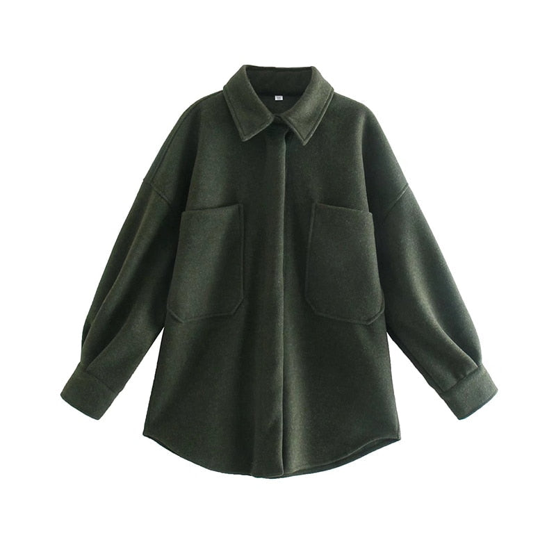 PUWD Casual Woman Camel Loose Pocket Woolen Shirt