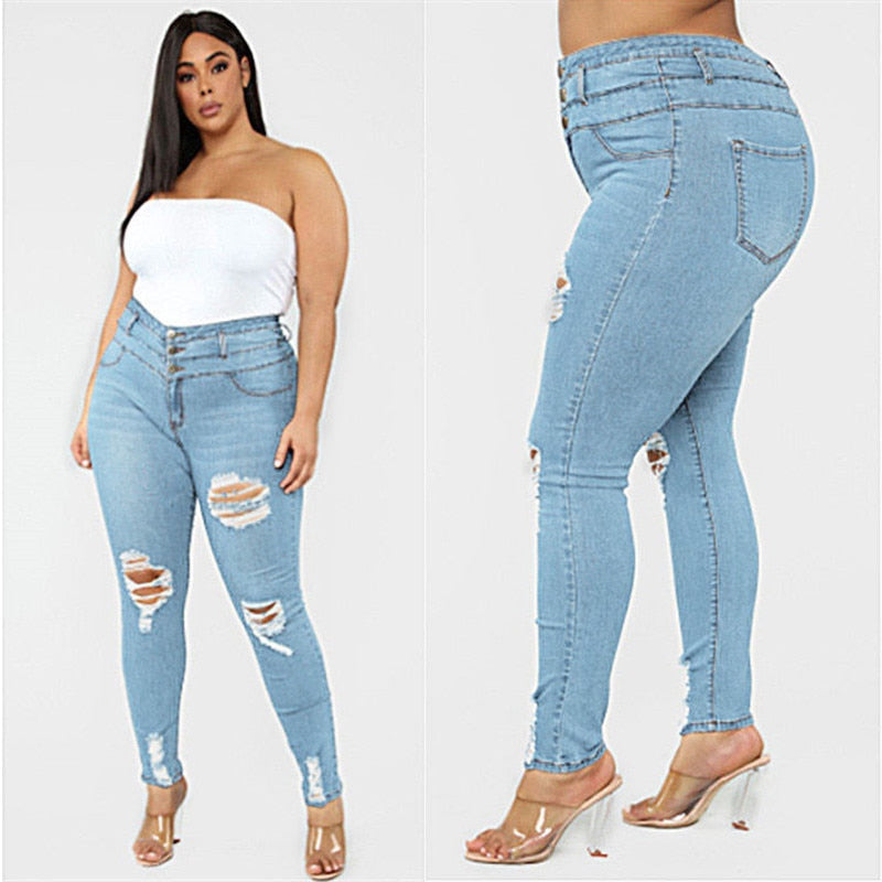 Women's Plus size jeans Black and blue high waist ripped jeans Fashion casual skinny denim pencil pants L-5XL drop shipping