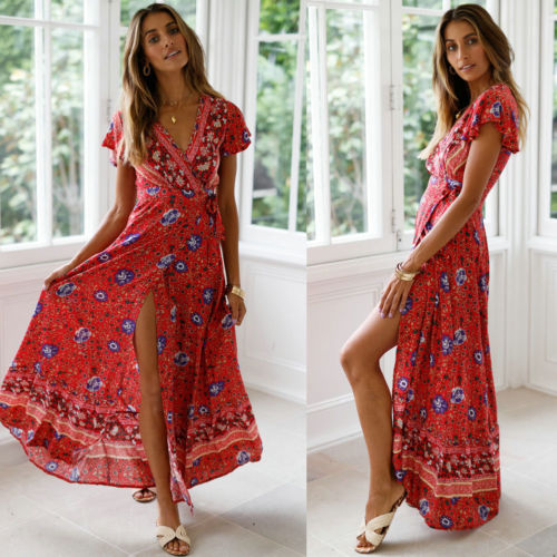 Vintage Robe Short Sleeve V neck Boho Split Dress