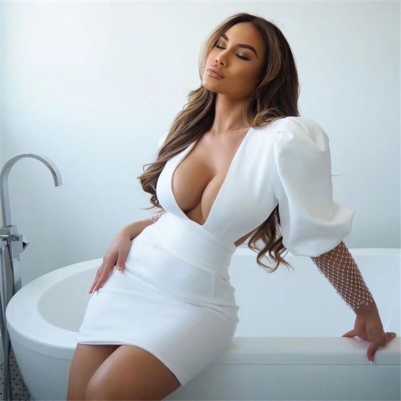 Adogirl Elegant Bodycon Mini Dress Women Deep V Neck Backless Diamonds Mesh Sleeve Sexy Club Evening Party Dresses Streetwear