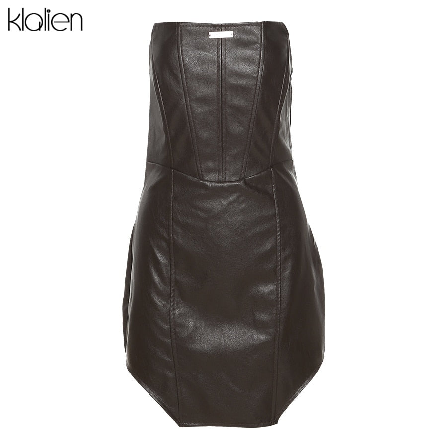 KLALIEN Fashion Casual Turn-down Collar Zipper Slim PU Leather Coat For Women Streetwear Short Jacket Solid Black Y2K Clubwear